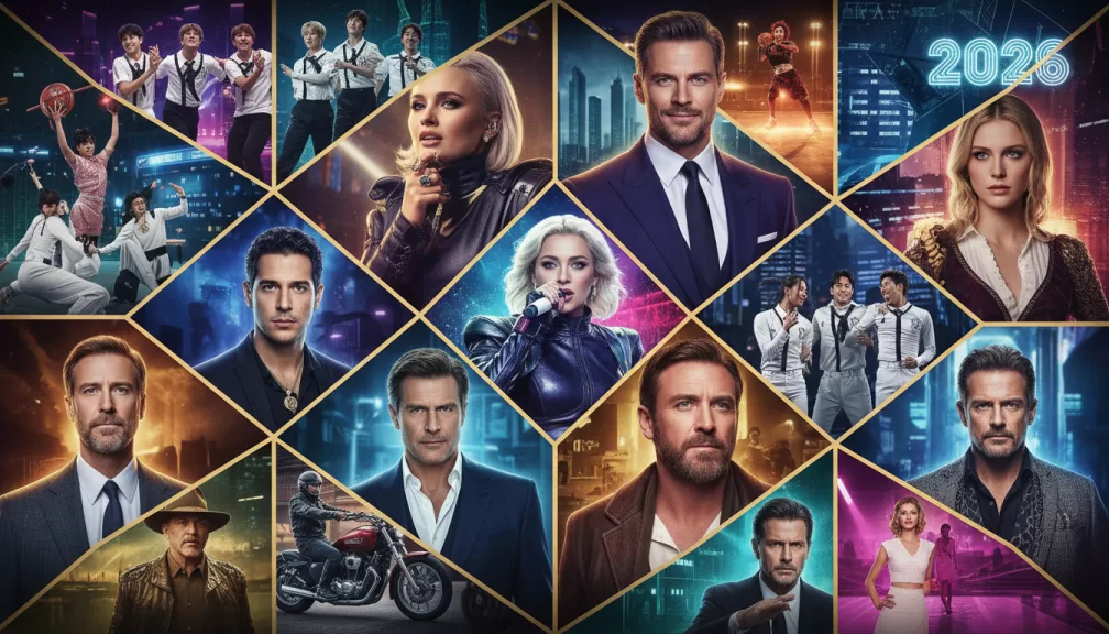 Top 10 celebrities in the world right now 2026 collage featuring global superstars