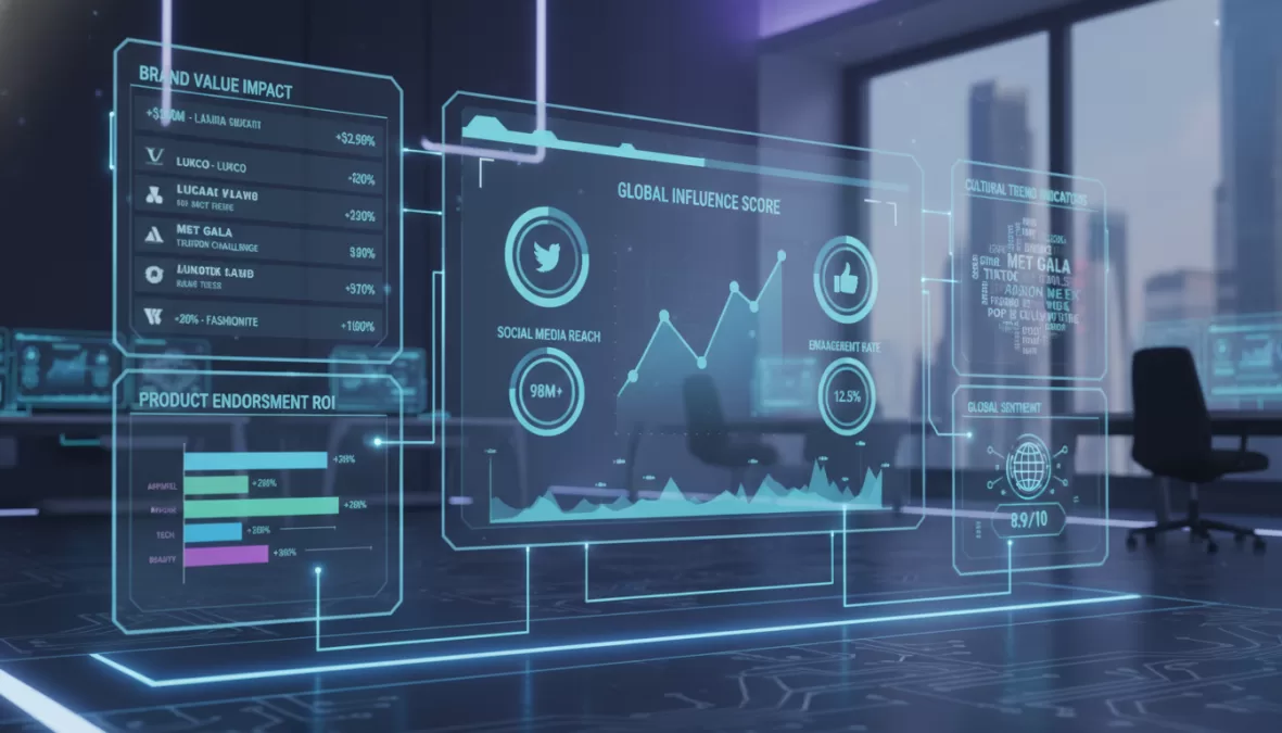 Various metrics of celebrity influence displayed on digital screens and charts