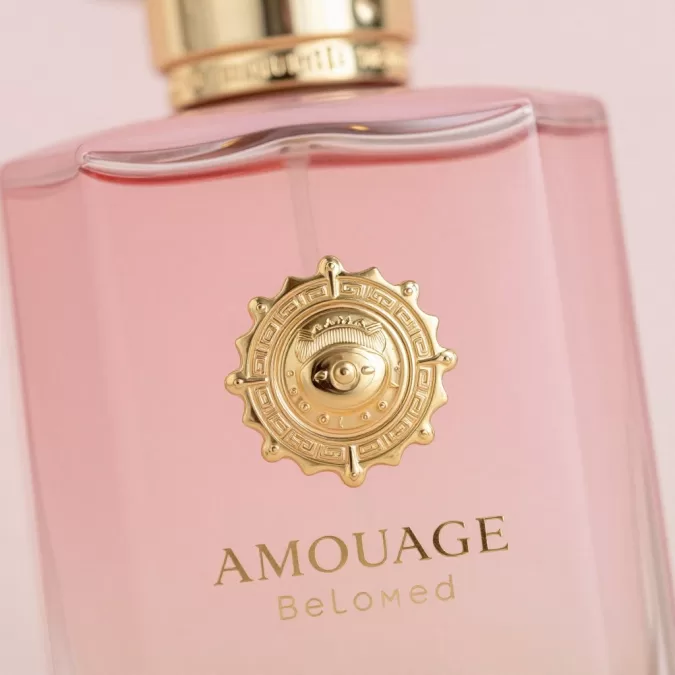 Amouage Beloved bottle detail with pink accents