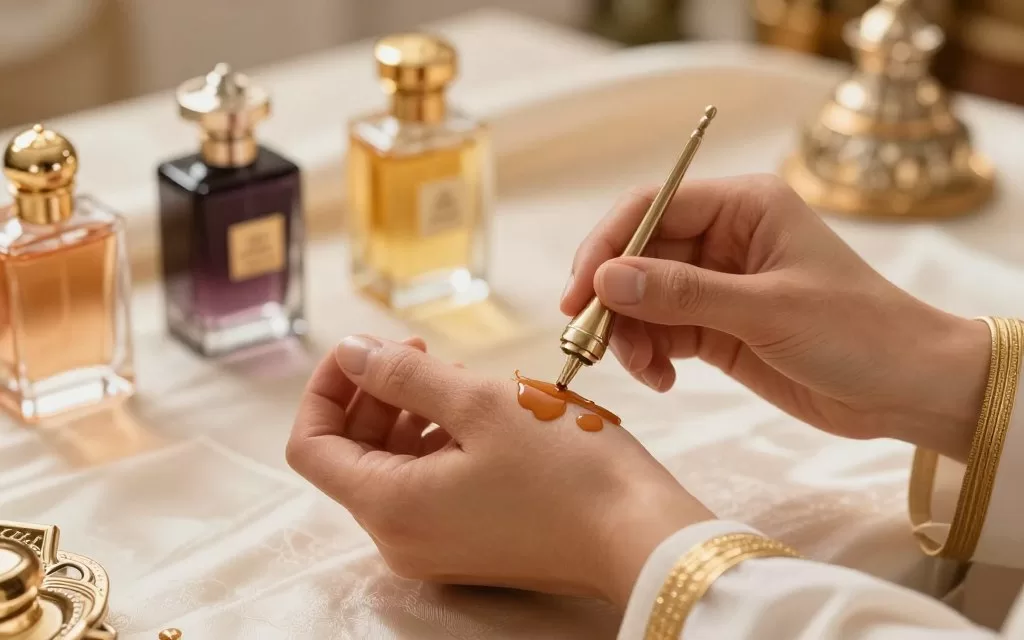 Demonstration of Middle Eastern perfume layering technique for women