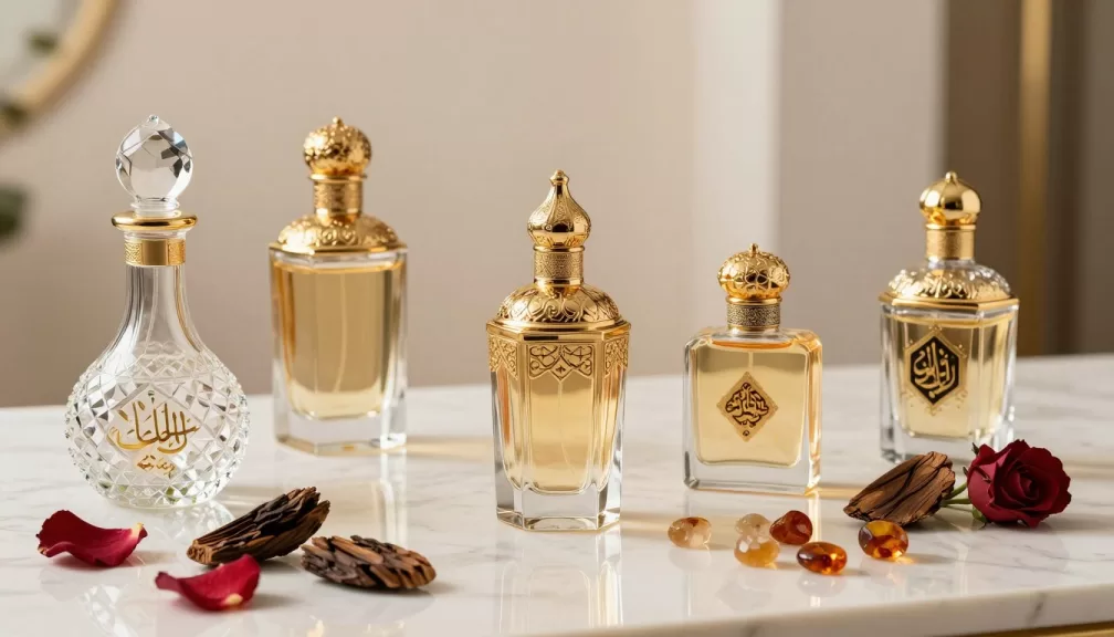 Elegant display of luxurious Middle Eastern perfume bottles for women featuring ornate designs with oud and rose elements