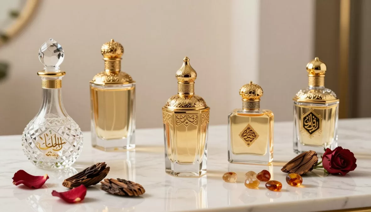 Elegant display of luxurious Middle Eastern perfume bottles for women featuring ornate designs with oud and rose elements