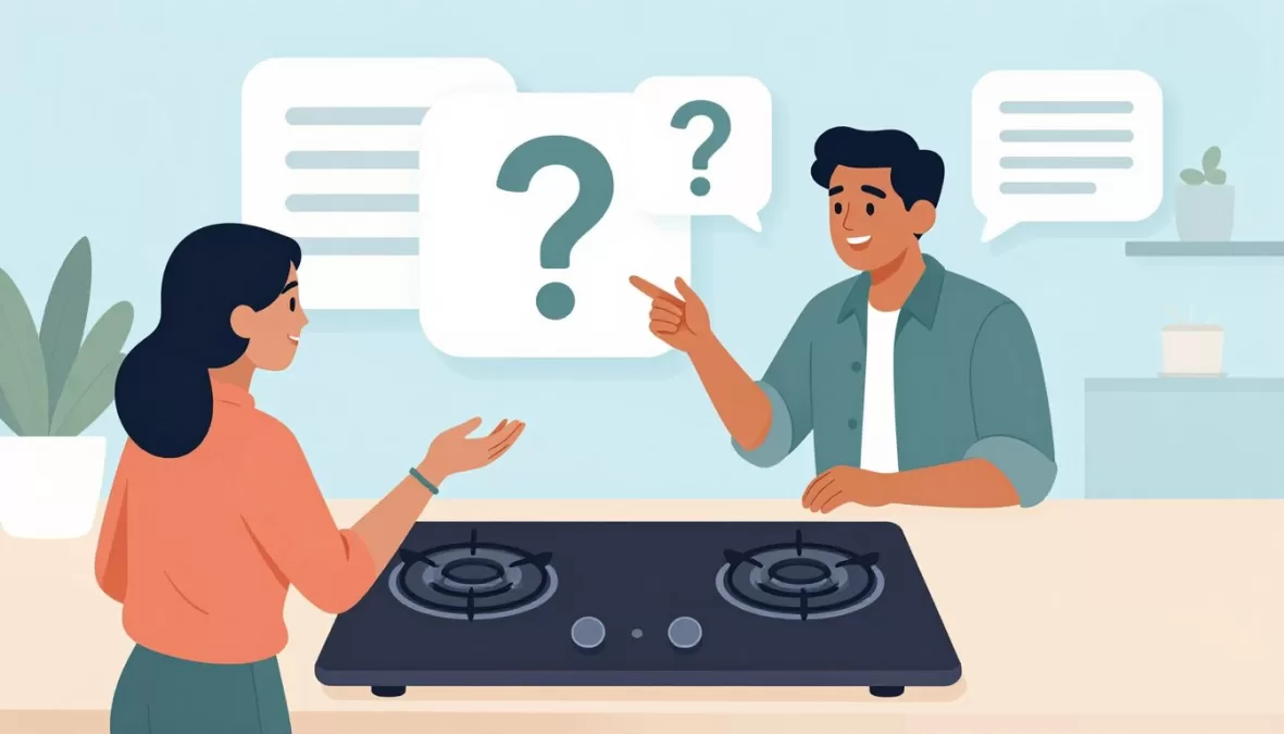 FAQ section illustration showing common questions about induction cooktops in India