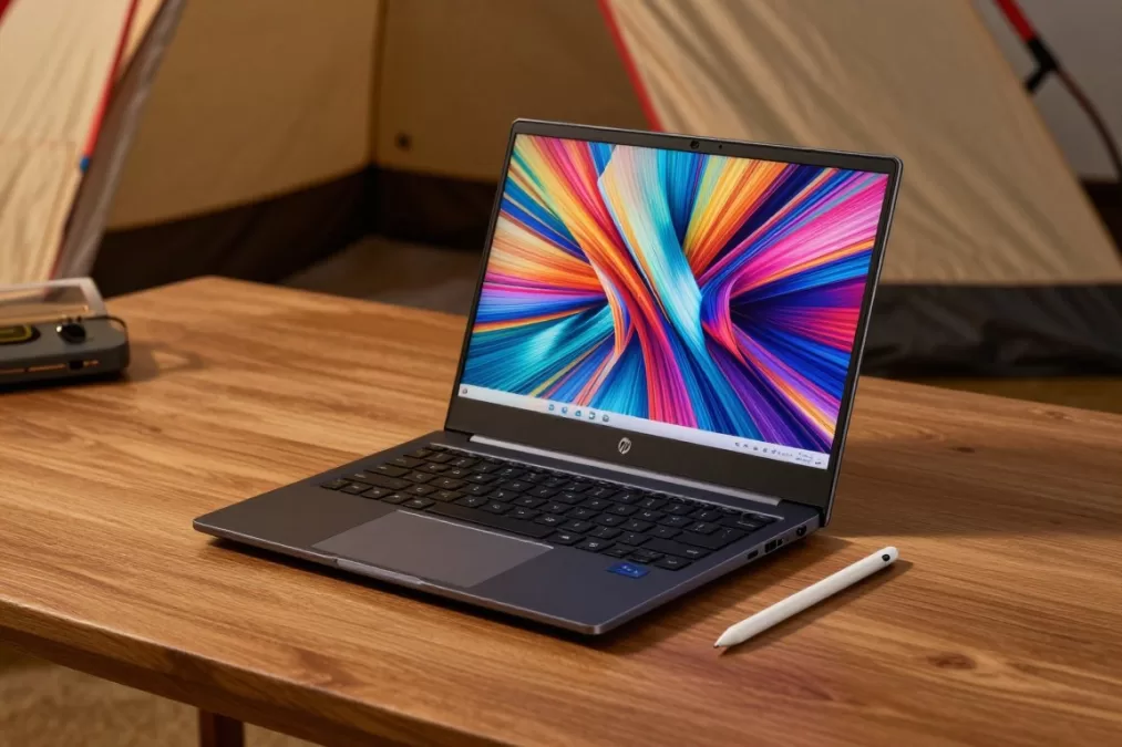 HP Spectre x360 in tent mode showing touchscreen