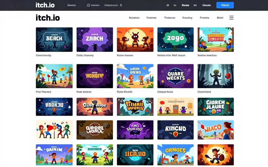 Itch.io website homepage showing indie game thumbnails and developer-created content