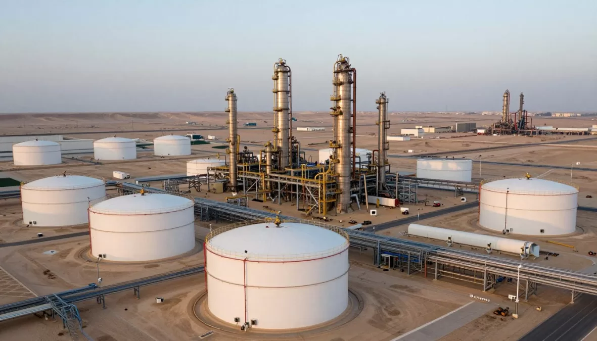 Saudi Aramco oil facilities with storage tanks and processing units