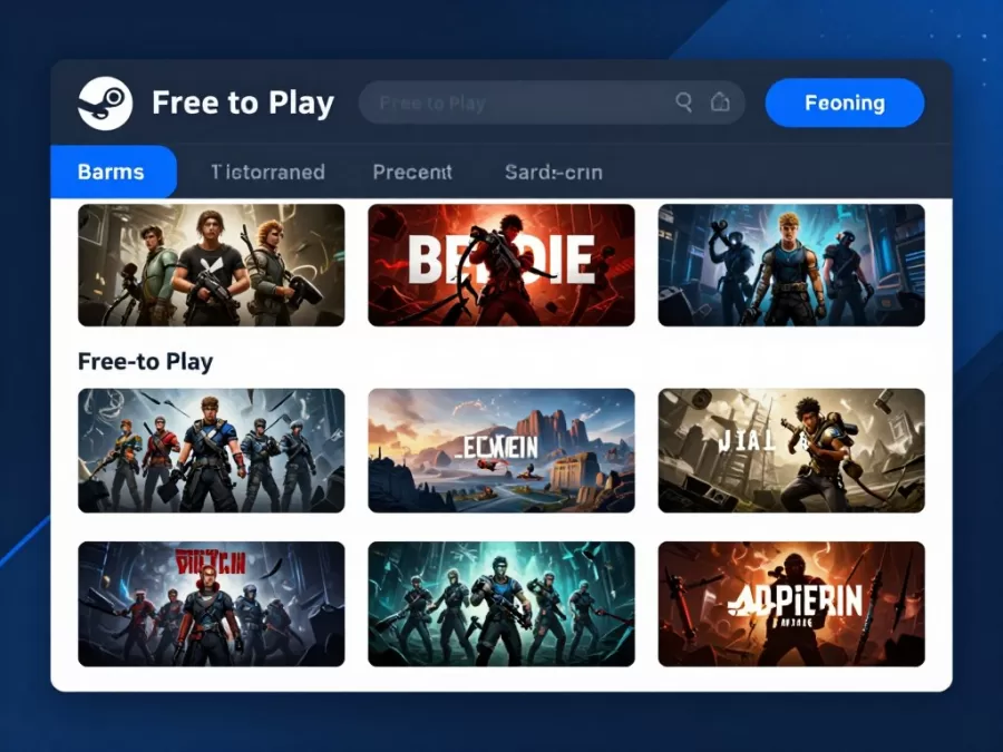 Steam platform interface showing free-to-play games library with popular battle royale and strategy games
