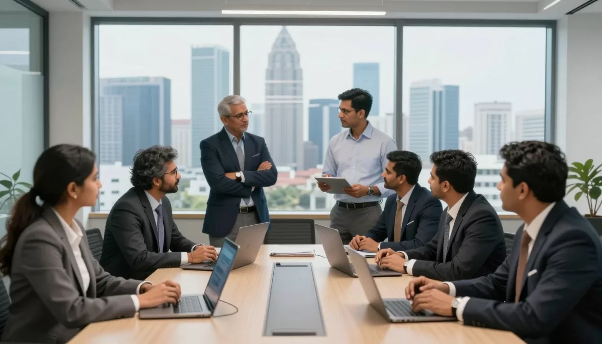 Successful entrepreneurs in India discussing business strategies in modern office