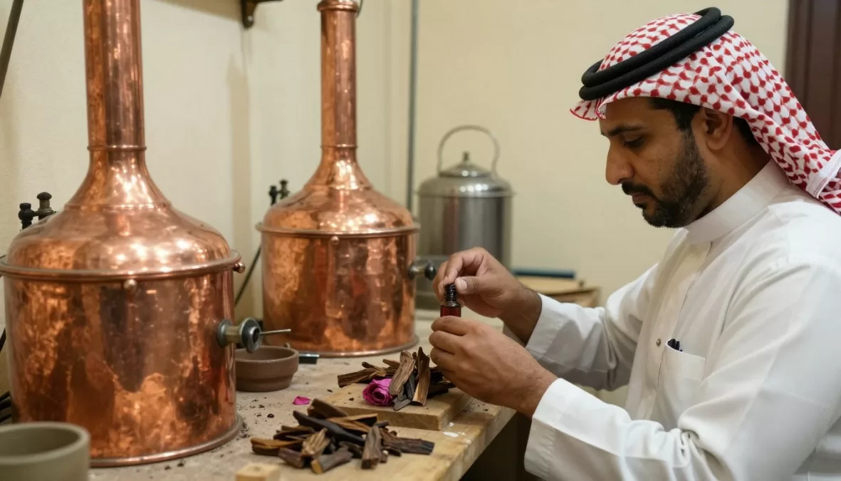 Traditional Arabian perfume making process at Abdul Samad Al Qurashi