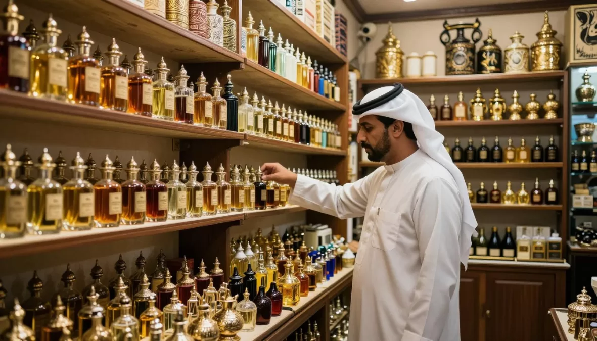 Traditional Arabian perfume store showing Ajmal heritage