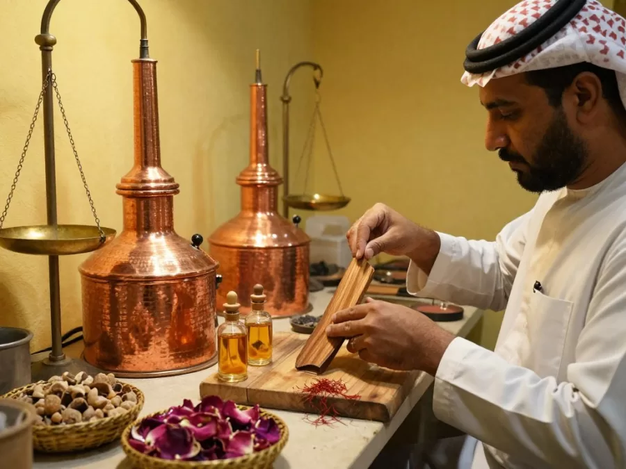 Traditional Middle Eastern perfume making process showing oud distillation and rose extraction methods