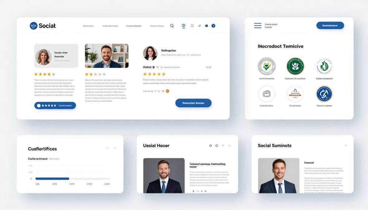 Various social proof elements including testimonials, ratings, and trust badges