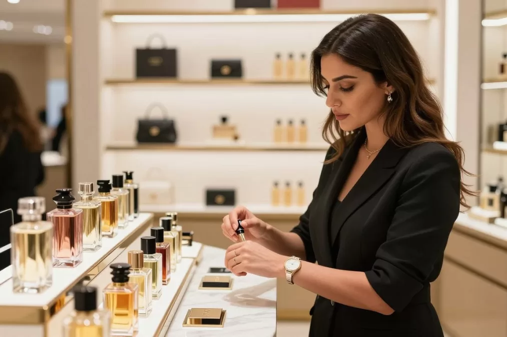 Woman selecting from collection of Middle Eastern perfumes for ladies