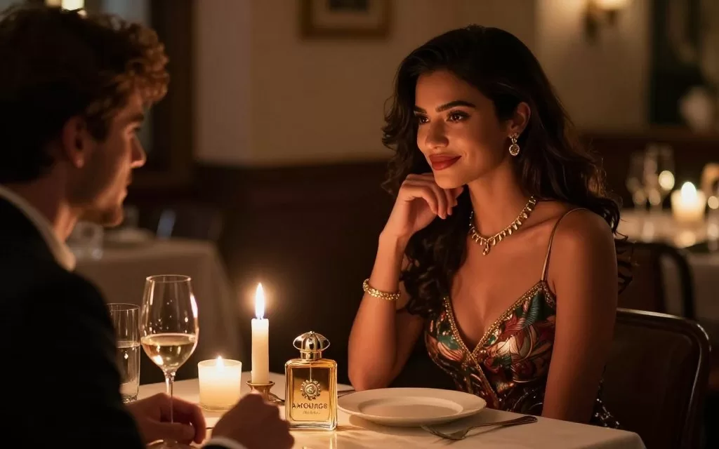 Woman wearing Amouage Beloved at romantic dinner