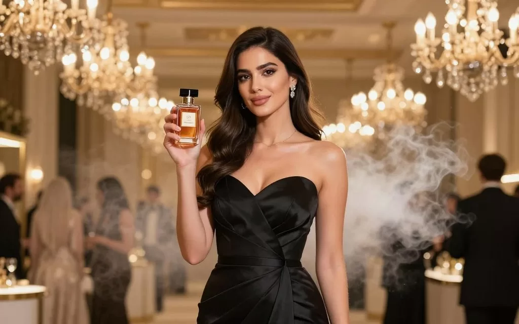 Woman wearing Amouage Gold Woman perfume at elegant evening event