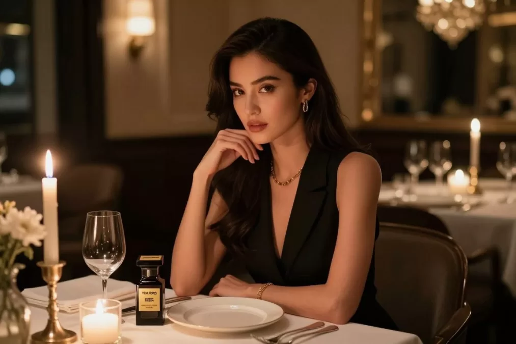 Woman wearing Tom Ford Sahara Noir at evening dinner