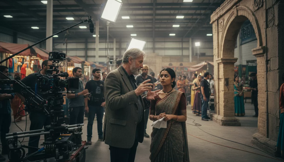 film director working with actress on set