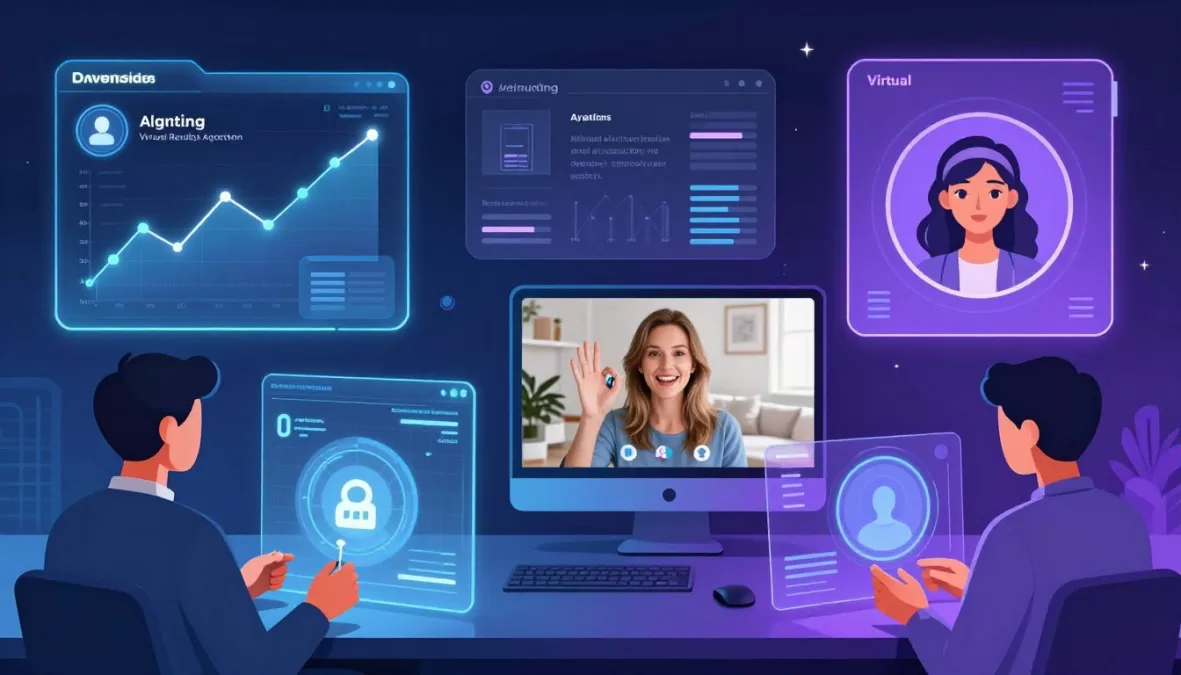 futuristic online dating technology showing AI matching and virtual dates