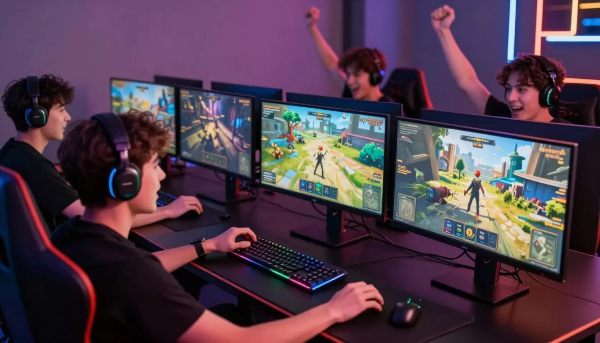 gamers enjoying free PC games on modern gaming setup with multiple monitors showing various game genres