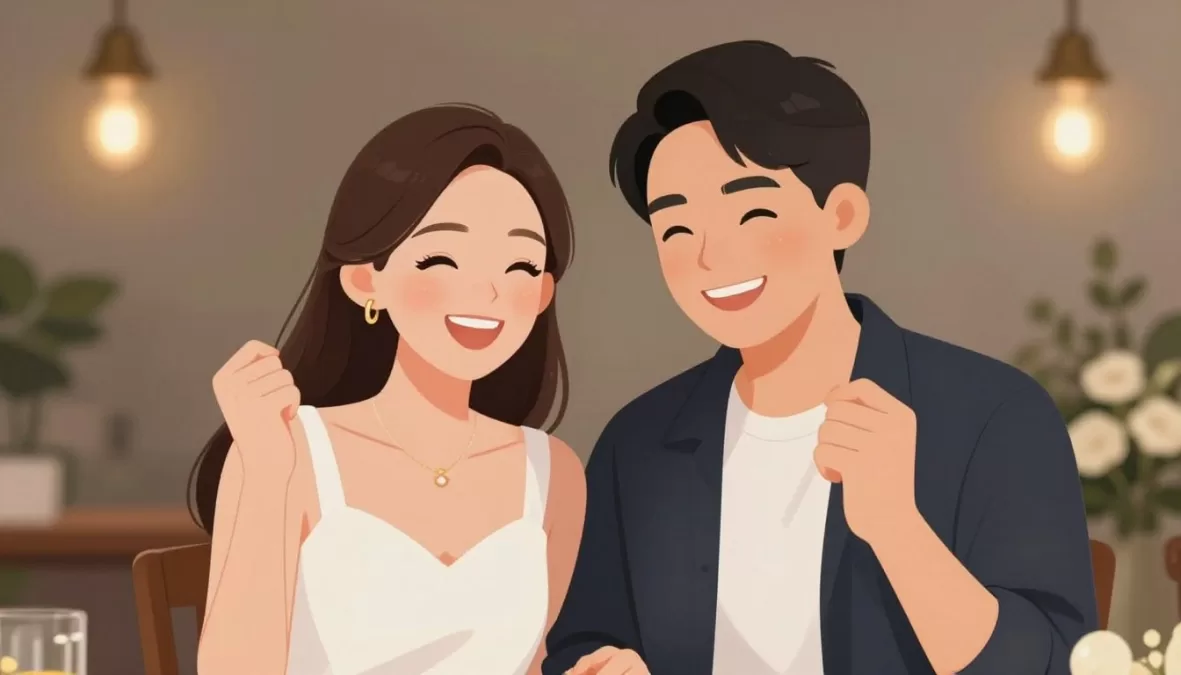 happy asian couple who met online celebrating their relationship success
