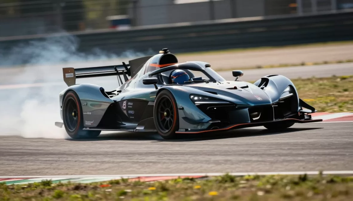 hypercar cornering at high speed on race track