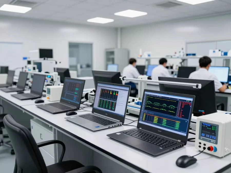 laptop testing laboratory with equipment and charts