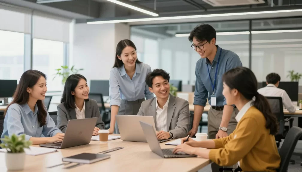modern corporate office with employees collaborating in bright workspace