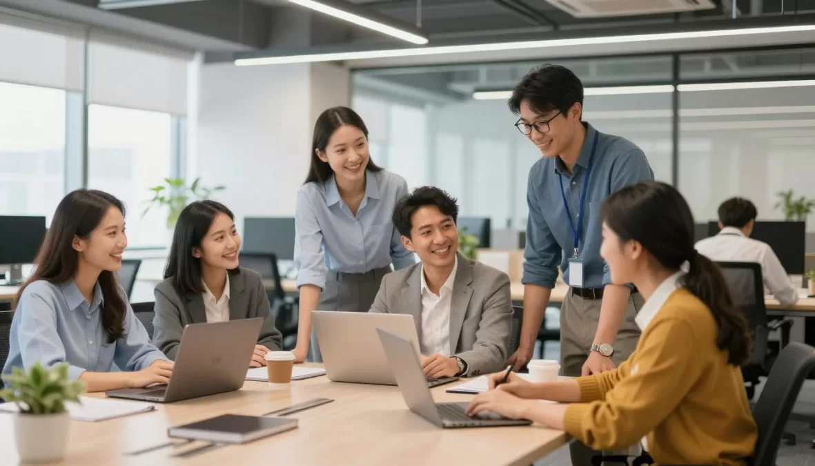 modern corporate office with employees collaborating in bright workspace