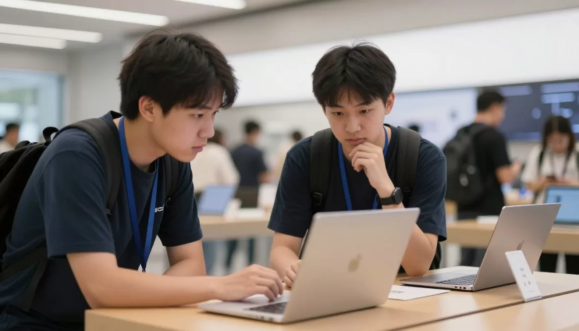 student asking questions about laptop purchase