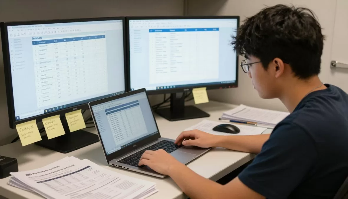 student researching laptop options on multiple screens