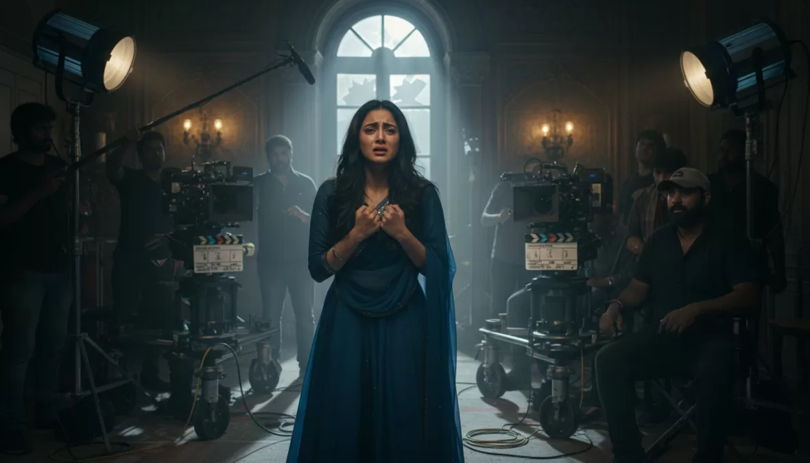 young Indian actress performing emotional scene on film set