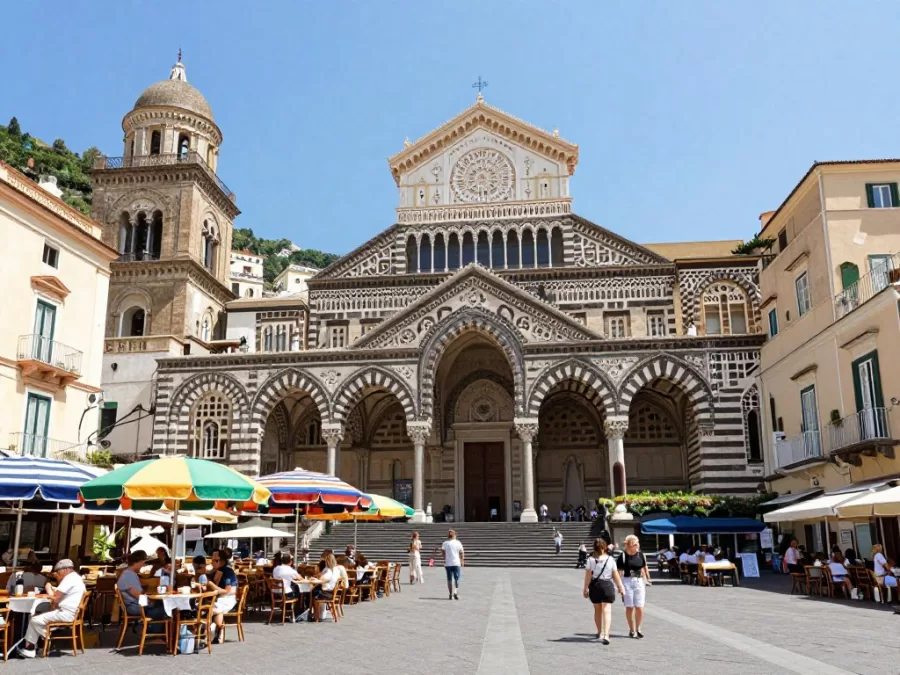 Amalfi town cathedral and main square filled with outdoor cafes during summer