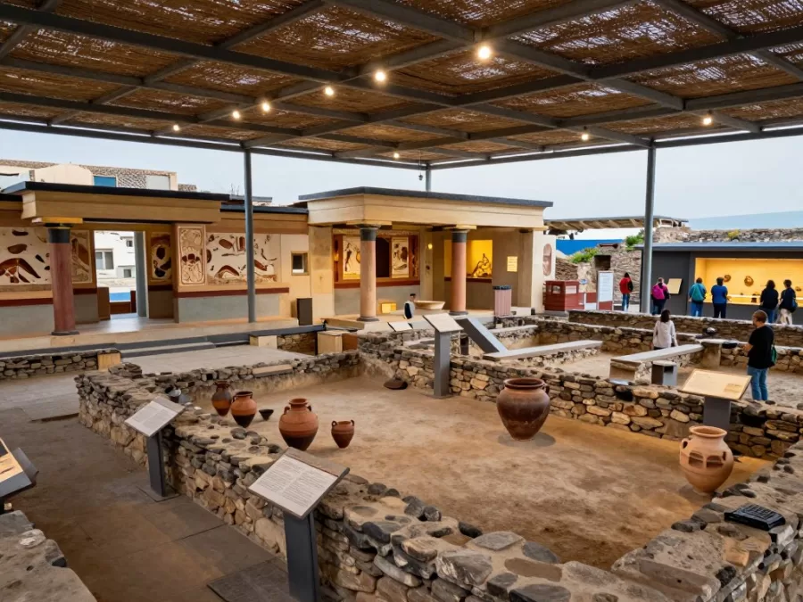Ancient ruins of Akrotiri archaeological site in Santorini showing preserved Minoan civilization