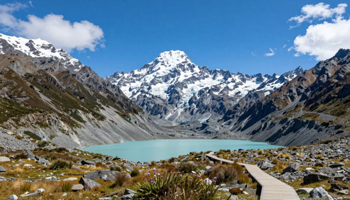 Aoraki Mount Cook New Zealand highest peak with Hooker Valley and glacier lake