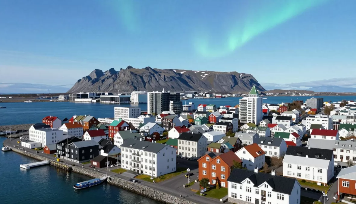 Beautiful landscape of Iceland showing Reykjavik city with mountains and ocean representing safest country world