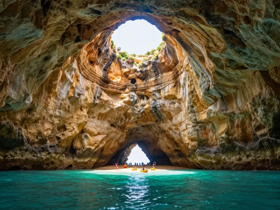 Benagil sea cave in Algarve Portugal with dome ceiling and beach inside