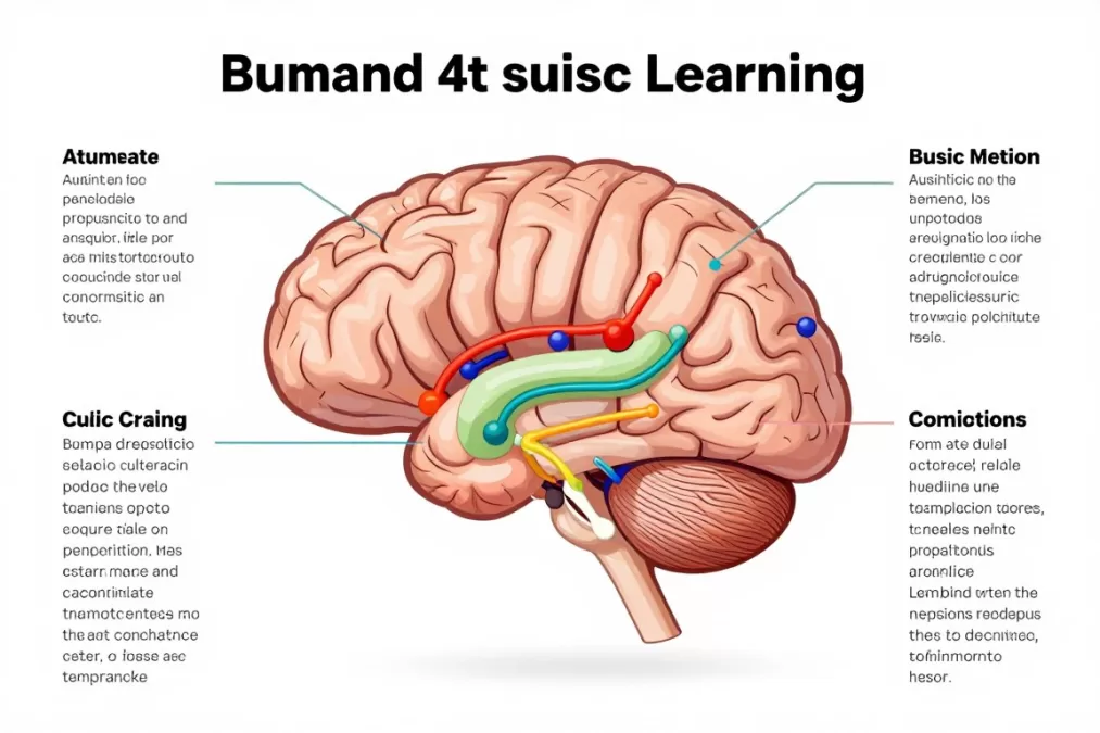 Brain development illustration showing music learning pathways