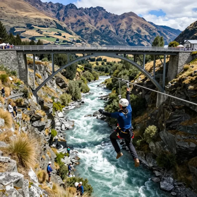 Bungy jumping at Kawarau Bridge Queenstown New Zealand with jumper mid-air