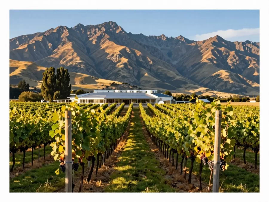 Central Otago vineyard in New Zealand with mountains in background during harvest