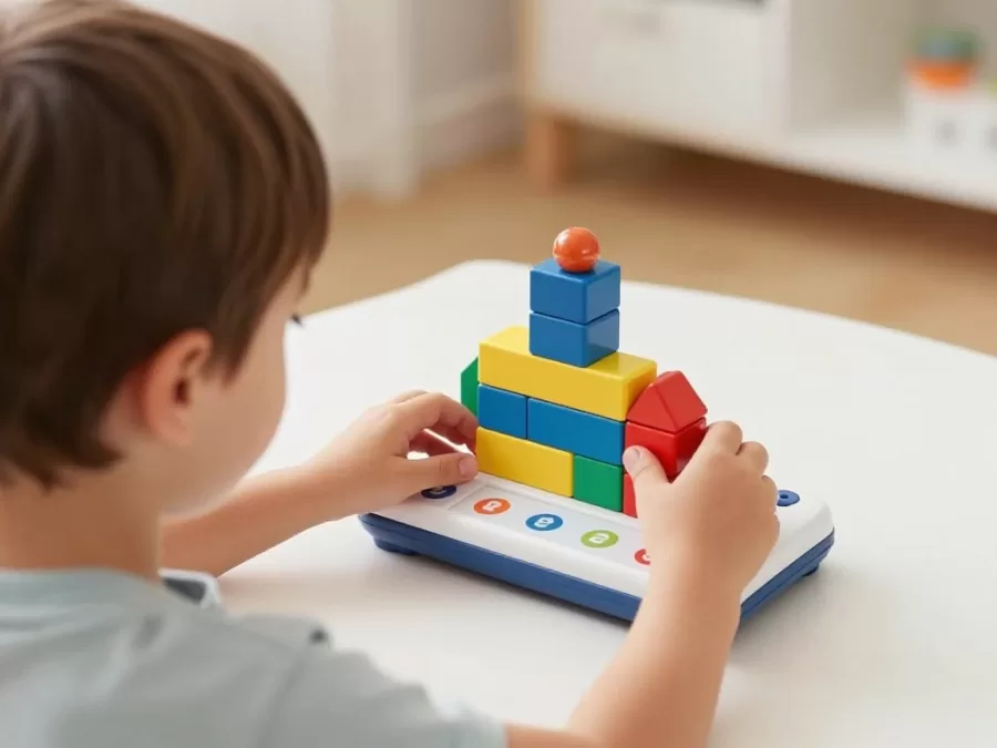 Child arranging Qubitunes blocks to create music composition