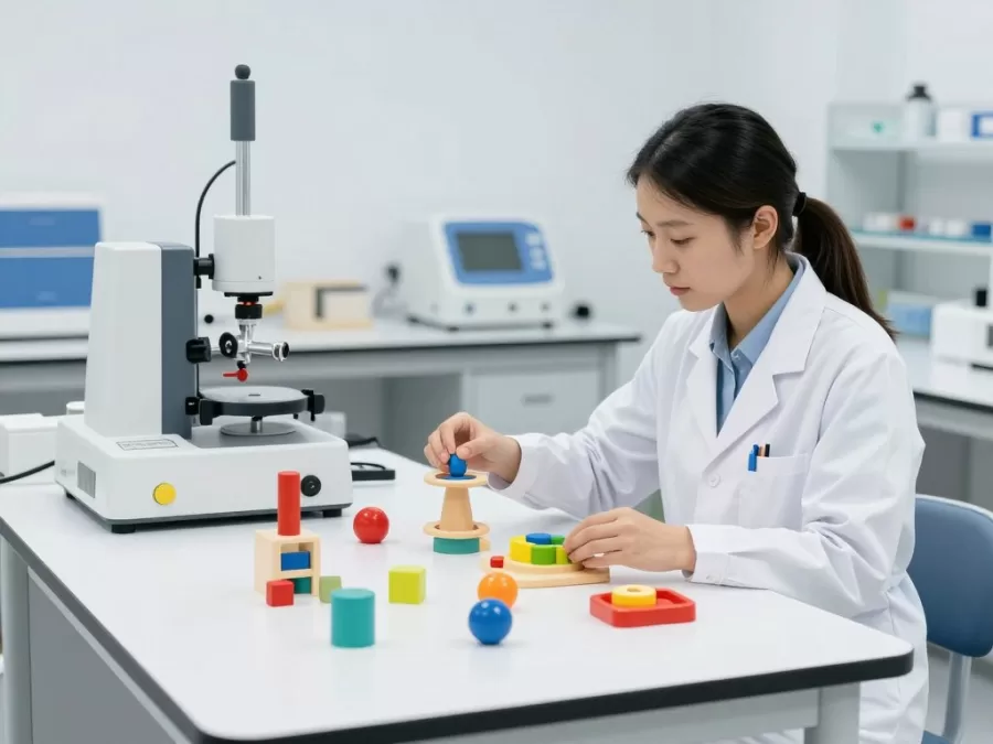 Child development expert testing toys for kids with safety equipment