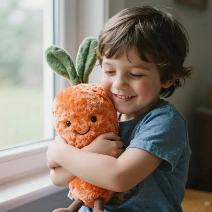 Child hugging Jellycat Amusable Carrot Cake plush toy