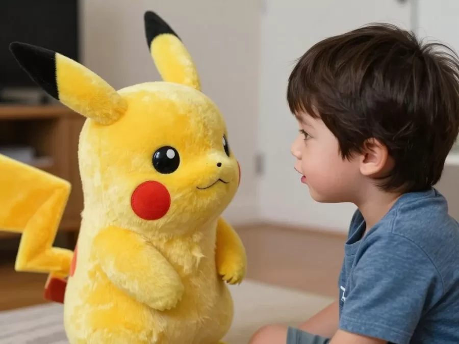 Child interacting with Pikachu Animatronic showing AI response