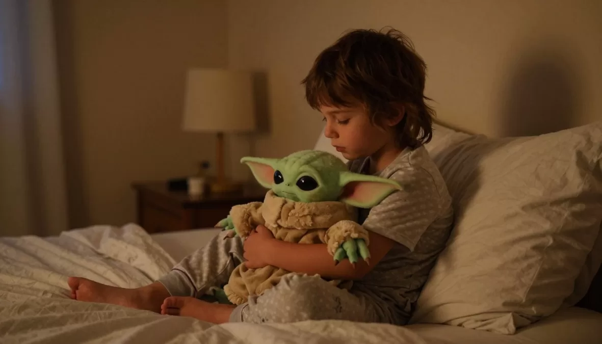 Child playing with Interactive Grogu plush during bedtime routine