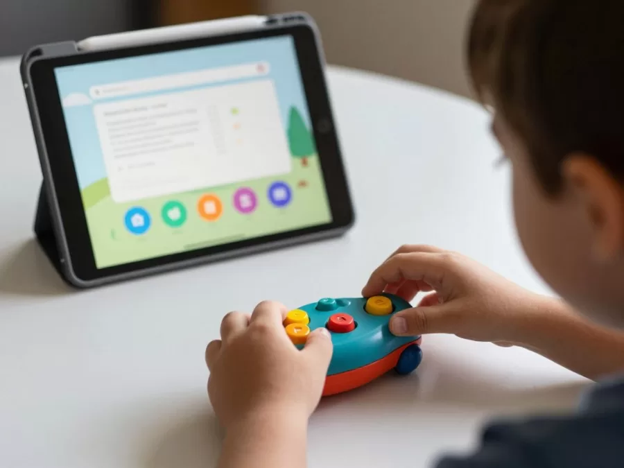 Child playing with physical toy while tablet shows complementary app