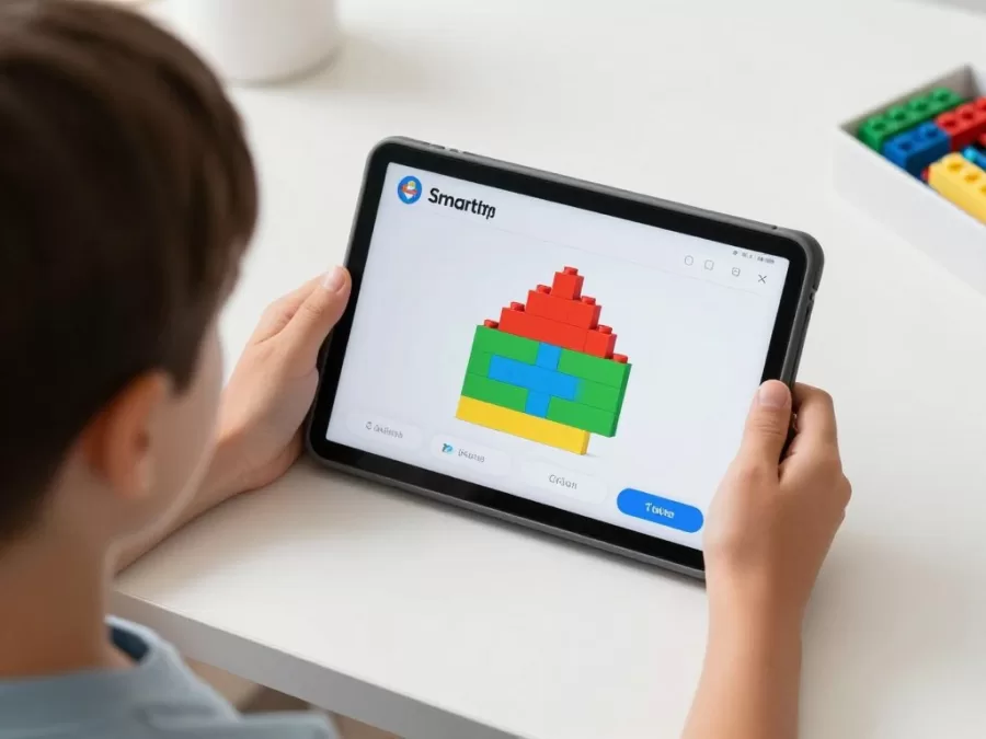 Child using visual coding interface for Smart Lego on tablet