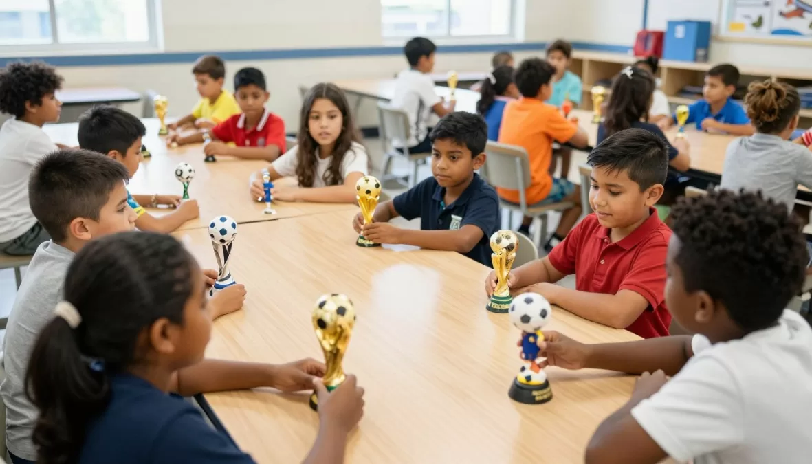 Children excitedly trading World Cup 2026 Ballers figures at school Children excitedly trading World Cup 2026 Ballers figures at school
