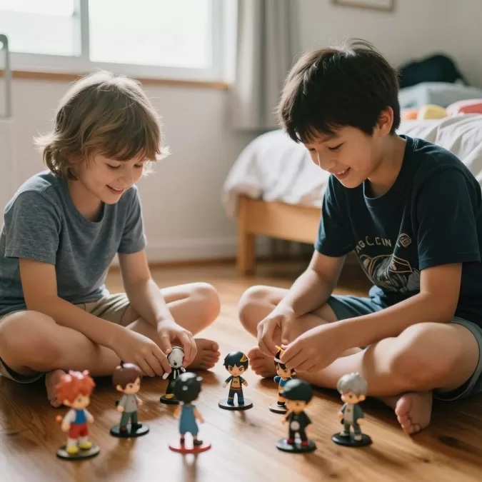 Children playing with KPop Demon Hunters collectibles together Children playing with KPop Demon Hunters collectibles together