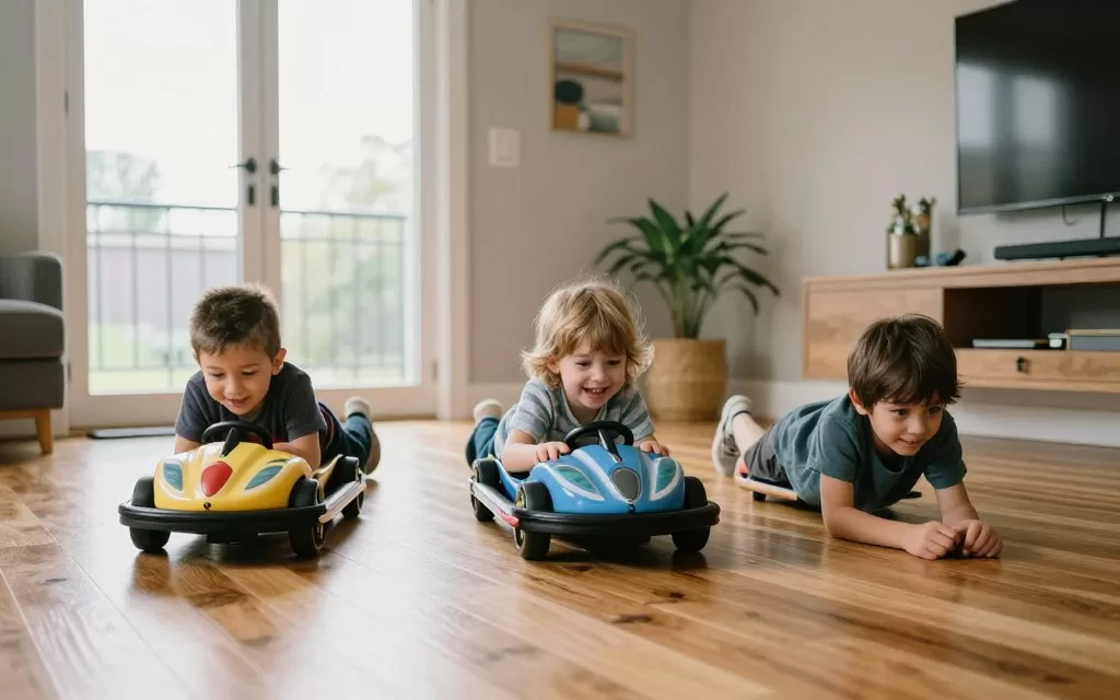 Children racing Floating Rogue remote control cars in living room