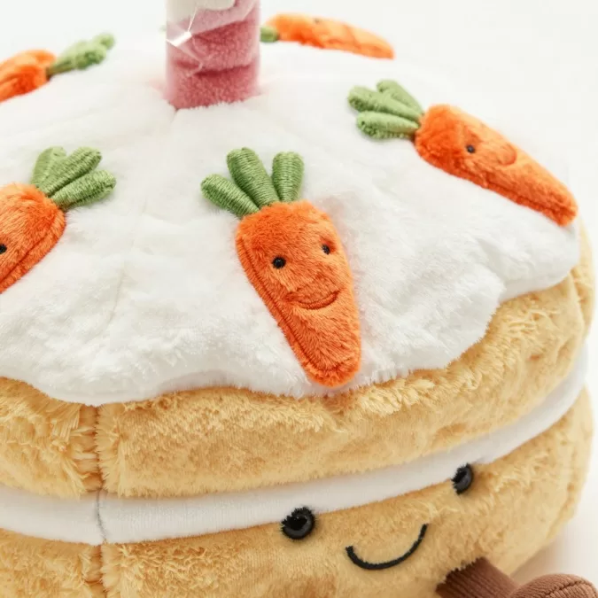 Close-up of Jellycat Amusable Carrot Cake fabric texture and details